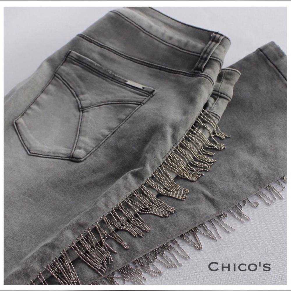 NWT CHICO’S BLACK LABEL GRAY W/FRINGE JEANS